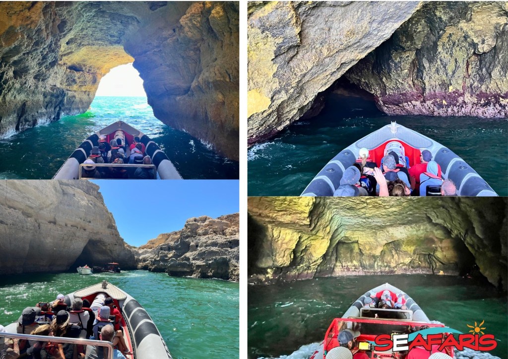 Four images of boats exploring sea caves along a rocky coastline.