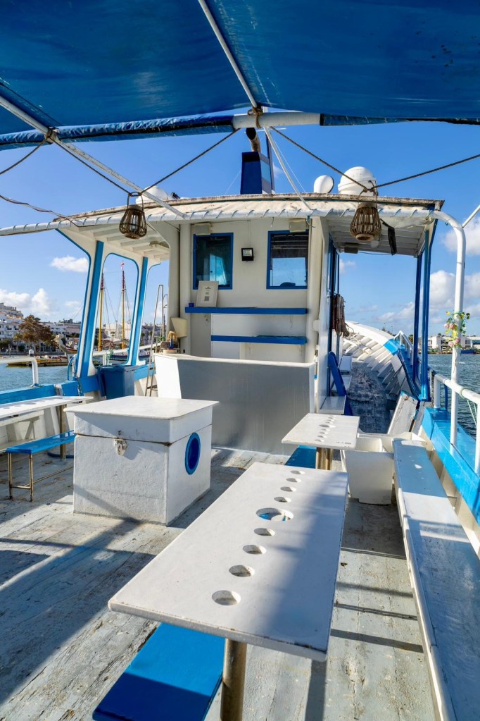 View of a boat's seating area with benches and tables under a blue canopy.