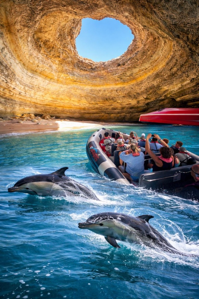 Tourists in a boat with dolphins swimming nearby in a coastal cave.