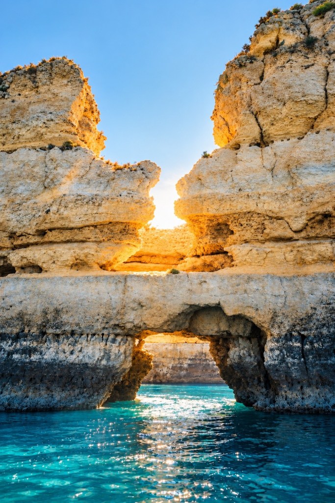 Sun shining through rocky arch over turquoise water.